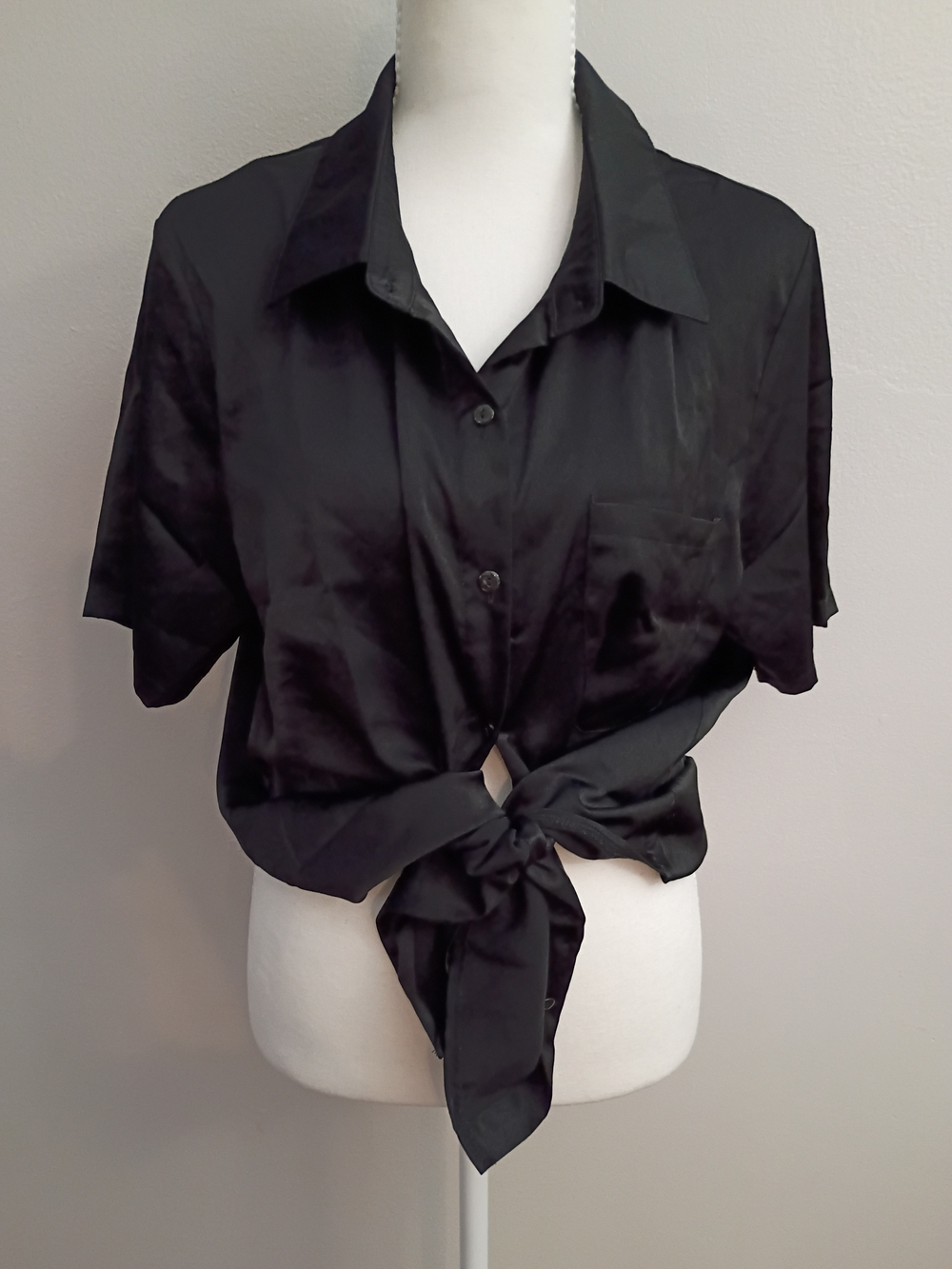 Black Satin Button-Up Top